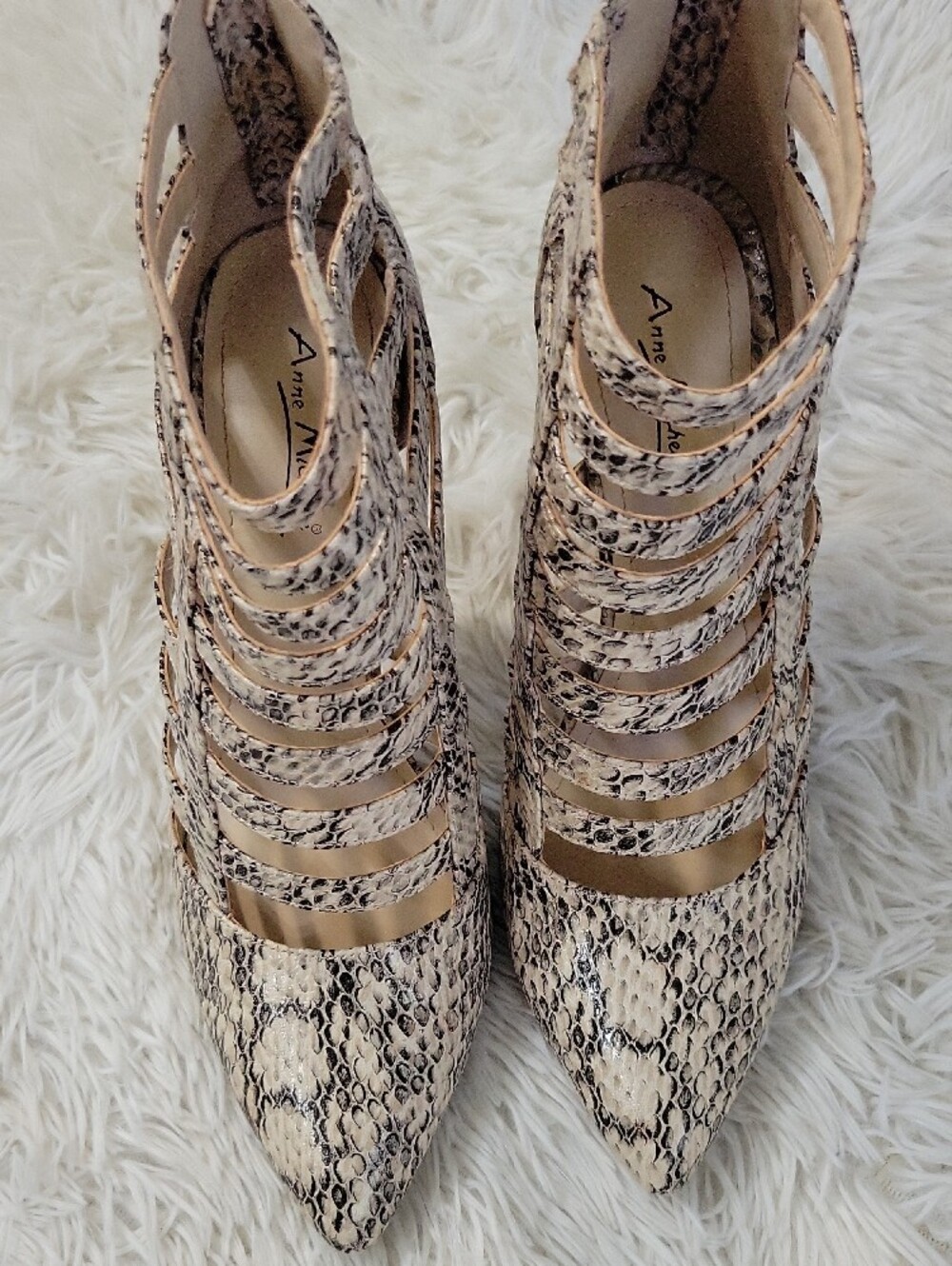 Anne Michelle Beige Snake-Print Multi-Strap Pointed Heels